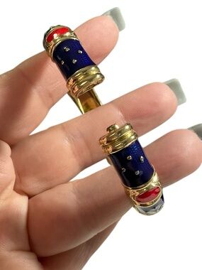 Vintage Gold-Tone Navy and Red Cloisonne Hinged Clamper Bangle Bracelet